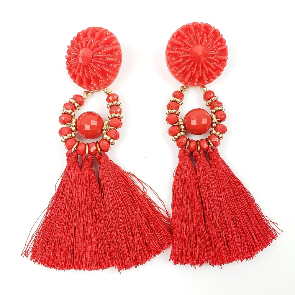 Red Boho Beaded Tassel Drop Earrings - Picture 4 of 6